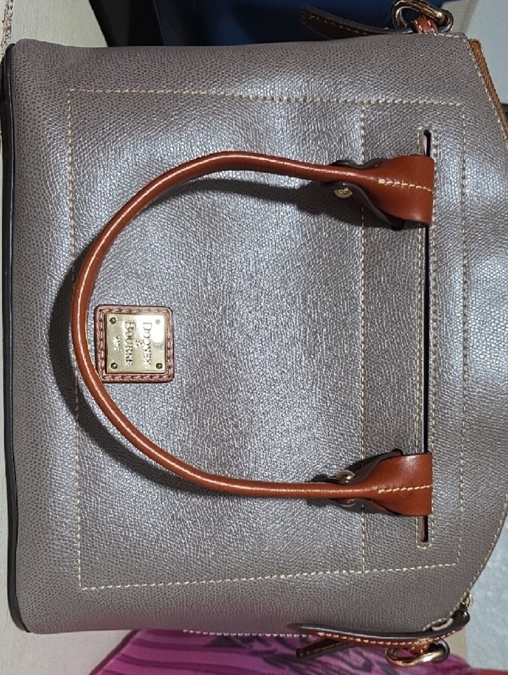 Dooney & Bourke Taupe Pebble Leather Satchel with Brown Handles - Picture 5 of 5